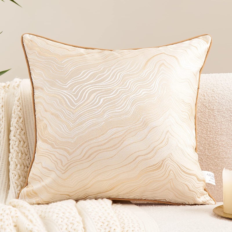Avigers 18 x 18 Inch Square Beige Gold Abstract Striped Embroidery Cushion Case Luxury Modern Throw Pillow Cover Decorative Pillow for Couch Living Room Bedroom Car - Image 1